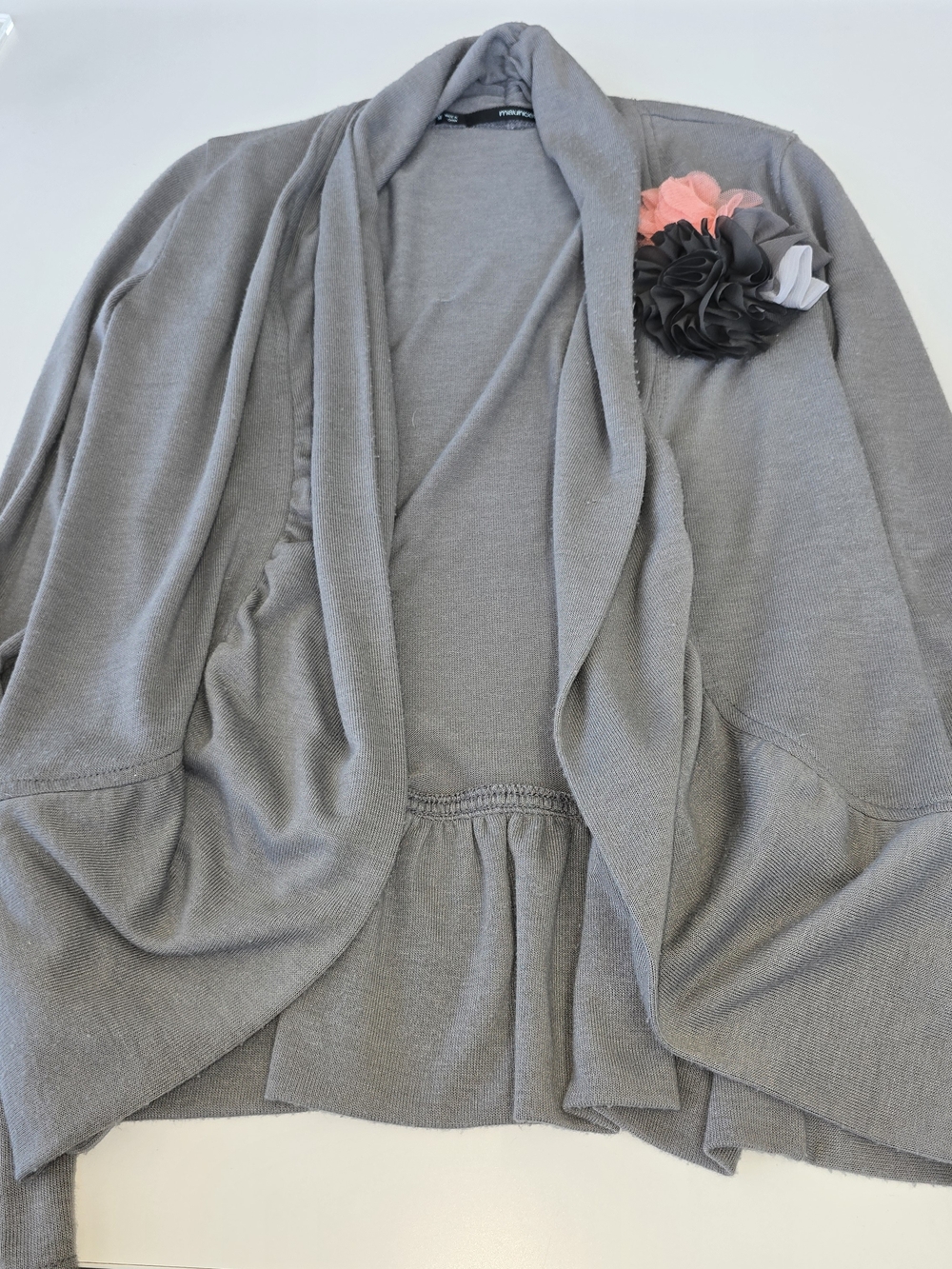 Maurices Gray Open Front Cardigan Sweater Women's Medium Floral Accent